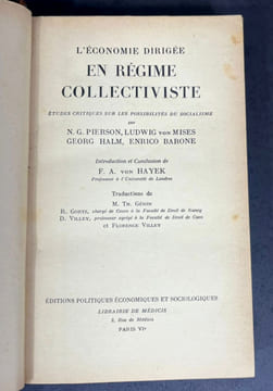 L'économie dirigée en régime collectiviste. Études critiques sur les possibilités du socialisme. F. A. von Hayek, Ludwig von Mises, N. G. Pierson, ...