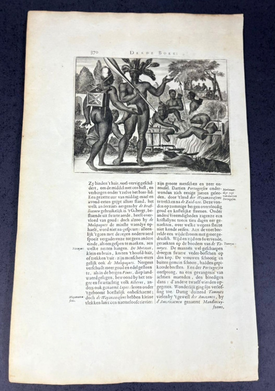 4 pages avec gravures (pages with engravings) de "De Nieuwe en Onbekende Weereld of Beschryving van America en 't Zuid-Land": cannibalisme, singe à ...