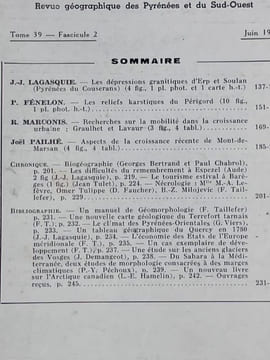 REVUE GEOGRAPHIQUE DES PYRENEES ET DU SUD-OUEST - Tome 39 Fascicule 2 - Juin 1968. Collectif