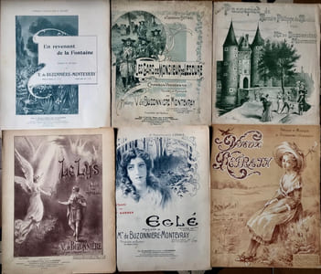 Ensemble de 6 partitions illustrées. Musique ou Musique et paroles de Mme de Buzonnière-Montevray.