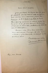 Lettre autographe signée à “Mon cher confrère“, sans date, ( vers 1900) “samedi, 20 rue Severo“. Il a feuilleté ses “livres de vers“ et n'a trouvé que ce poème qui puisse (vous)convenir peut-être Lupanar , p. 71 d'Instants de Ville, de Pioch. Son destinataire peut conserver le volume acheté sur les quais auquel manque le faux -titre“ probablement déchiré par le dédicataire“. “ Lorsque votre livre sera imprimé vous pourrez me l'envoyer, si cela vous “ chante“: j'en donnerai un compte-rendu quelque part “. 1 page in-8°
