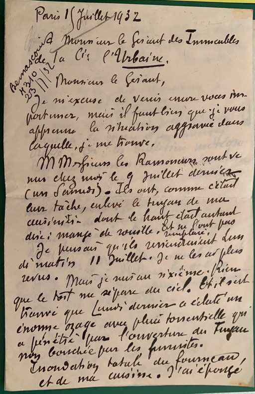 Lettre autographe signée, de Paris, le 15 juillet 1932, à Monsieur le Gérant des Immeubles de la Cie l'Urbaine.. RICTUS Jehan ( Boulogne 1867 - Paris ...