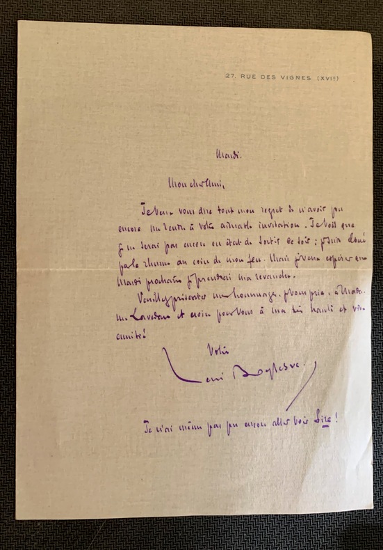 Lettre autographe signée, à  Mon cher Ami (Henri Lavedan), sans date Mardi (1909) à l'entête du 27 rue des Vignes (XVIe).. Boylesve René (La ...