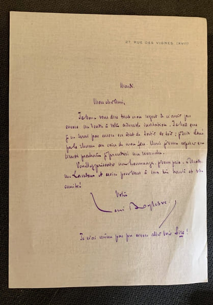 Lettre autographe sign&eacute;e, &agrave;  Mon cher Ami (Henri Lavedan), sans date Mardi (1909) &agrave; l'ent&ecirc;te du 27 rue des Vignes (XVIe).. Boylesve Ren&eacute; (La ...