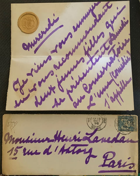 Lettre autographe, &agrave; Henri Laveda, de Paris, le 15 oct 1896 (selon cachet de la poste sur l'enveloppe), mercredi sur la lettre.. GYP, pseudonyme de ...