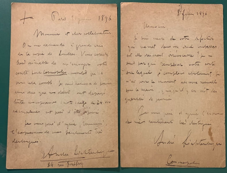 Deux cartes autographes sign&eacute;es &agrave; l'&eacute;crivain Henri Lavedan (1859- 1940), au sujet de la revue Cospomolis. LICHTENBERGER Andr&eacute; (Strasbourg 1870 - Paris ...