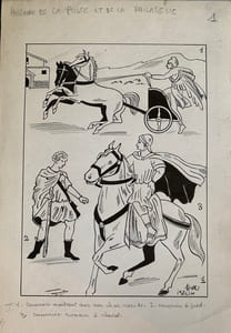 Histoire de la Poste et de la Philatélie. Tapuscrit et dessins originaux.