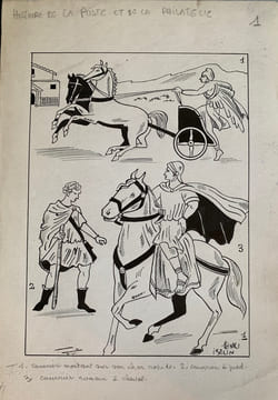 Histoire de la Poste et de la Philatélie. Tapuscrit et dessins originaux.. ISELIN Henri (Paris 1898 - Le Perreux-sur-Marne 1998), illustrateur, ...