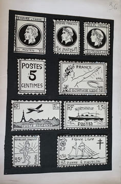 Histoire de la Poste et de la Philatélie. Tapuscrit et dessins originaux.. ISELIN Henri (Paris 1898 - Le Perreux-sur-Marne 1998), illustrateur, ...