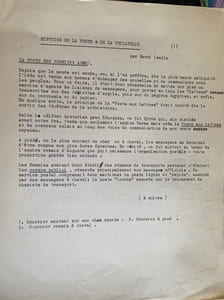 Histoire de la Poste et de la Philatélie. Tapuscrit et dessins originaux.