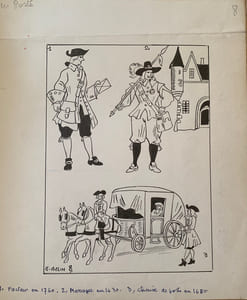 Histoire de la Poste et de la Philatélie. Tapuscrit et dessins originaux.