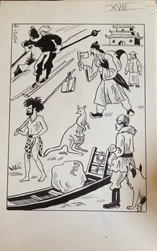 Histoire de la Poste et de la Philatélie. Tapuscrit et dessins originaux.. ISELIN Henri (Paris 1898 - Le Perreux-sur-Marne 1998), illustrateur, ...