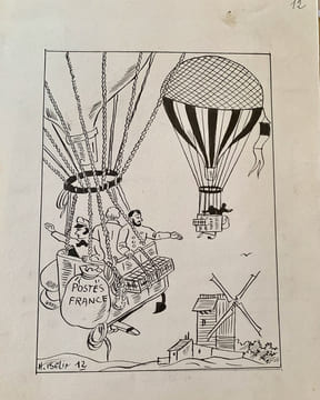 Histoire de la Poste et de la Philatélie. Tapuscrit et dessins originaux.. ISELIN Henri (Paris 1898 - Le Perreux-sur-Marne 1998), illustrateur, ...