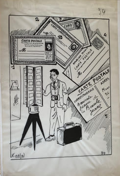 Histoire de la Poste et de la Philatélie. Tapuscrit et dessins originaux.. ISELIN Henri (Paris 1898 - Le Perreux-sur-Marne 1998), illustrateur, ...
