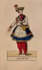 Album in-12 oblong renfermant des figurines très colorées du début XIXe..  COSTUMES de CANTINIÈRES de L'EMPIRE et PERSONNAGES de la COMEDIA DEL' ARTE