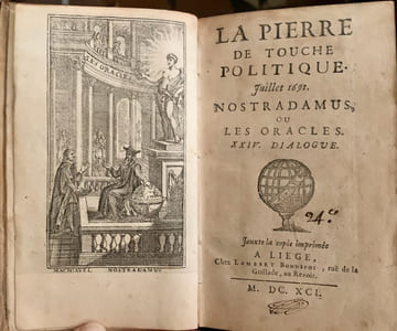La Pierre de touche politique, juillet 1691. Nostradamus, ou les Oracles, XXIV. dialogue. Suivi de : La Fable du baudet, extraordinaire de juillet 1691; Suivi de : La Pierre de touche politique, Aoust 1691. L'anneau de Gige's XXV. dialogue. Suivi de : La Pierre de touche politique, Septembre 1691.L'avortement. XXVI. dialogue. Suivi de : La Pierre de touche politique, Octobre1691. Le Jean de retour. XXVII. dialogue. Suivi de : La Pierre de touche politique, Novembre 1691. Le Prothée XXVIII. dialogue.