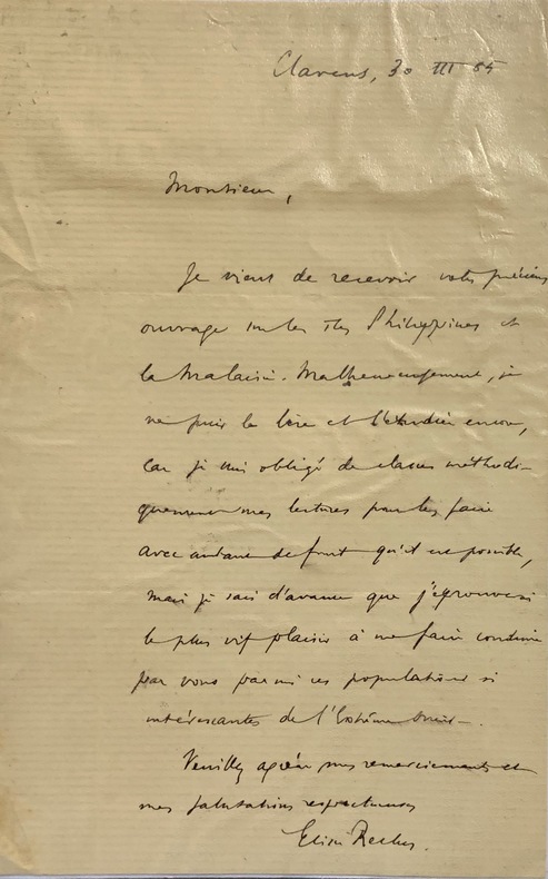 Lettre autographe signée à Joseph Montano. Datée de Clarens 30 III (18)85; 1 page in-8°.. RECLUS Elisée ( 1830 - 1905), géographe et anarchiste.