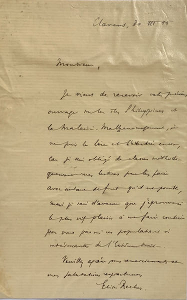 Lettre autographe sign&eacute;e &agrave; Joseph Montano. Dat&eacute;e de Clarens 30 III (18)85; 1 page in-8&deg;.. RECLUS Elis&eacute;e ( 1830 - 1905), g&eacute;ographe et anarchiste.