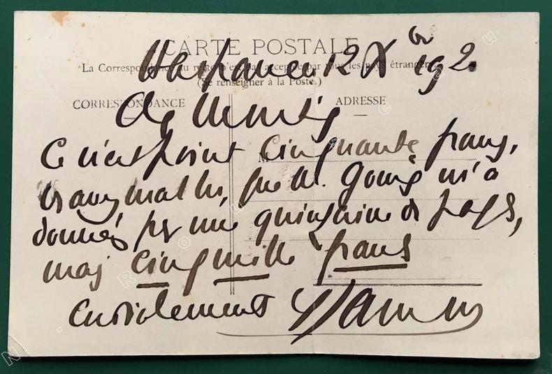 Carte postale autographe signée représentant Francis Jammes assis contemplant une fleur avec au verso 7 lignes a.s.. JAMMES, Francis (Tournay, 1868 - ...