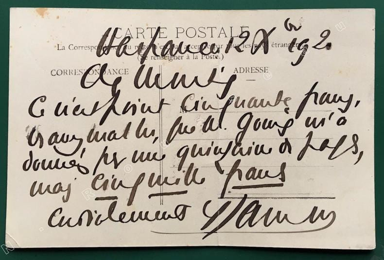 Carte postale autographe sign&eacute;e repr&eacute;sentant Francis Jammes assis contemplant une fleur avec au verso 7 lignes a.s.. JAMMES, Francis (Tournay, 1868 - ...