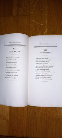 Odes d'Anacréon et poésies de Sapho, traduites en vers français par Veïssier de Combes professeur au collège royal de Henri IV, suivies de plusieurs pièces anacréontiques de Bion, Théocrite, etc.; et des imitations qui en ont été faites par les poètes français les plus célèbres.
Nouvelle édition, accompagnée du texte grec, collationné sur les meilleures éditions.
Paris. Benjamin Duprat, libraire de la société asiatique de Londres. 1839.