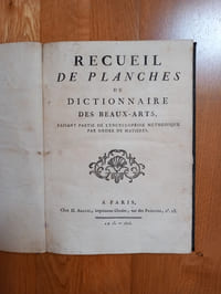 RECUEIL DE PLANCHES DU DICTIONNAIRE DES BEAUX-ARTS, faisant partie de l'encyclopédie méthodique par ordre de matières.
A Paris, chez H. Agasse, imprimeur-libraire, rue de Poitevins, n° 18.
An 13.- 1805.