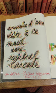 Dédicace artistique au fusain signée, à Arpas Szenes, Maria Helena Vieira da Silva et Michel Lancade Maeght.