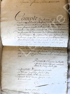 Janvier, Février, mars et avril 1780, compte que fait et rend Louis Joseph sieur Martel, procureur au Bureau des finances de Lille au nom et comme fondé de pouvoir spécial de Louis François Joseph Richebé des Blonderies, receveur des Epices, amendes et variations du bureau des Finances et domaines de la Généralité de Lille à nos seigneurs les présidens trésoriers de France généraux des finances, juges des domaines et Grands voyers de la généralité de Lille, en la personne de messire Jean-Baptiste Quecq chevalier seigneur de la Chérye et de messire Ignace Joseph Bonnier chevalier seigneur Dumetz commissaires au dénommée de la recette des rappports et droits de nos dits seingeurs les présidens trésoriers de France à commencer du premier janvier 1780 (ill.) et compris le dernier d'avril de la même année 1786.