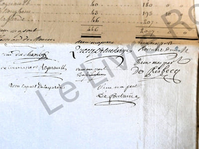 Janvier, Février, mars et avril 1780, compte que fait et rend Louis Joseph sieur Martel, procureur au Bureau des finances de Lille au nom et comme fondé de pouvoir spécial de Louis François Joseph Richebé des Blonderies, receveur des Epices, amendes et variations du bureau des Finances et domaines de la Généralité de Lille à nos seigneurs les présidens trésoriers de France généraux des finances, juges des domaines et Grands voyers de la généralité de Lille, en la personne de messire Jean-Baptiste Quecq chevalier seigneur de la Chérye et de messire Ignace Joseph Bonnier chevalier seigneur Dumetz commissaires au dénommée de la recette des rappports et droits de nos dits seingeurs les présidens trésoriers de France à commencer du premier janvier 1780 (ill.) et compris le dernier d'avril de la même année 1786.