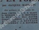 FRONTIÈRES DE LA POÉSIE, des poèmes et des essais de Jean Cocteau, T. S. Eliot, L. Guilloux, R. Honnert, G. Hugnet, Max Jacob, Francis Jammes, J. ...