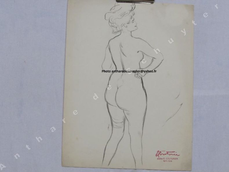 FEMME NUE DEBOUT, 3/4 ARRIÈRE, dessin original. Édouard COUTURIER (1871 - 1903) 4)