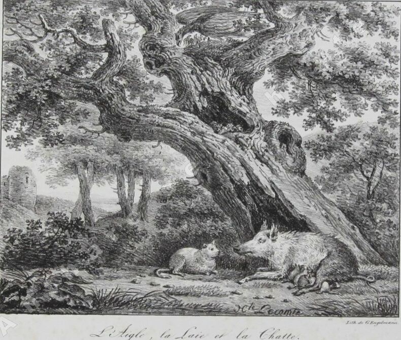 L'AIGLE, LA LAIE ET LA CHATTE D'après la fable de Jean de La Fontaine. Hippolyte LECOMTE  (1781-1857) dessin et lithographie 
