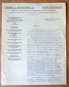 Autographes d'Henri de Kérillis Directeur du "Centre de Propagande des Républicains Nationaux. Pour La Lutte Contre le Socialisme et Le Communisme".