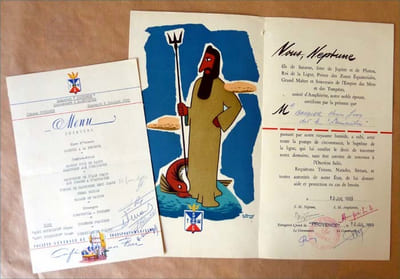 Un menu illustré et un document illustré pour le "passage de la ligne" du paquebot Provence.