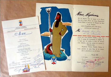 Un menu illustré et un document illustré pour le "passage de la ligne" du paquebot Provence.. Société Générale de Transports Maritimes.