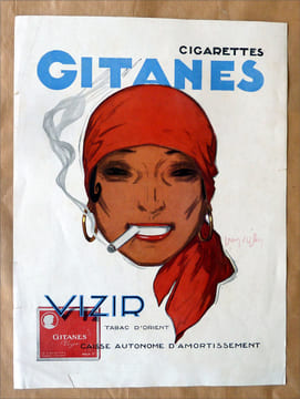 Affiche publicitaire à double face pour les marques de Tabac Balto d'un côté et Gitane Vizir de l'autre, destinée à être collée sur une vitrine de ...