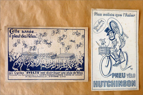 Ensemble de deux buvards publicitaires vantant les cycles "Svelte" et les pneus "Hutchinson".. Mich et anonyme.