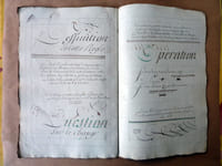 Exercice de Calligraphie du XVIIIème siècle ayant pour thème la comptabilité d'une association en société commerciale. Les exemples sont une entreprise de traffic d'esclave; une autre de commerce de blé; la question des monnaies étrangères...