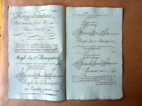Exercice de Calligraphie du XVIIIème siècle ayant pour thème la comptabilité d'une association de banquiers; les règles de compagnie double; un ...
