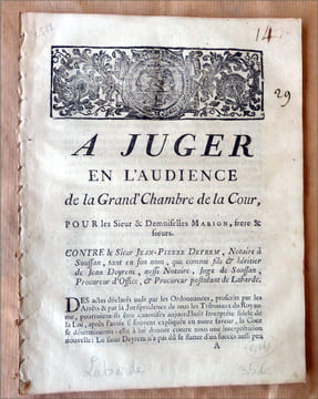 (Soussan, Labarde; Gironde, Guyenne). A juger en l'audience de la Grand'Chambre de la Cour, pour les Sieur et Demoisemme Marion, frère et surs contre ...