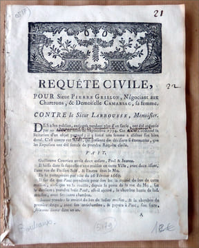 (Bordeaux, Guyenne). Sieur Pierre Grillon, Négociant aux Chartrons, et Demoiselle Camarsac, sa femme contre le Sieur Labrousse Menuisier.. [Document ...