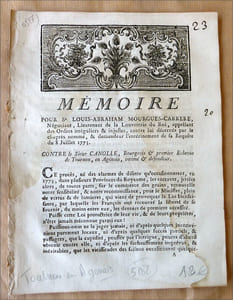 Sieur Louis-Abraham Mourgues-Carrère, négociant, Lieutenant de Louveterie du Roi contre le Sieur Canolle, Bourgeois et Premier Echevin de Tournon en Agénois