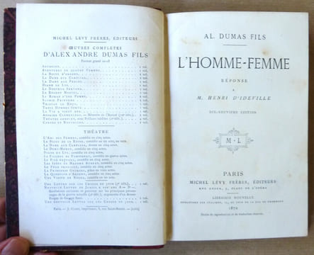 L'Homme-Femme. Réponse à M. Henri D'Ideville. 19ème édition.. Dumas Fils (Alexandre).