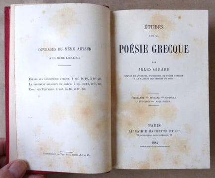 Etudes sur la Poésie Grecque. Epicharme. Pindare. Sophocle. Théocrite. Apollonius.. Girard (Jules).