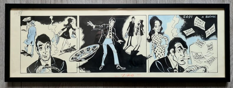 Superbe gouache originale de Henri Blanc, au format strip, pour la bande dessin&eacute;e " Les aventures du Commissaire San-Antonio ", publi&eacute; dans France ...