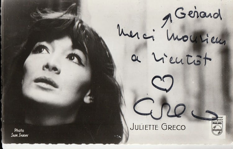 Carte postale d&eacute;dicac&eacute;e par Juliette Gr&eacute;co. ( Musique ) - Juliette Gr&eacute;co - Sam Shaw.