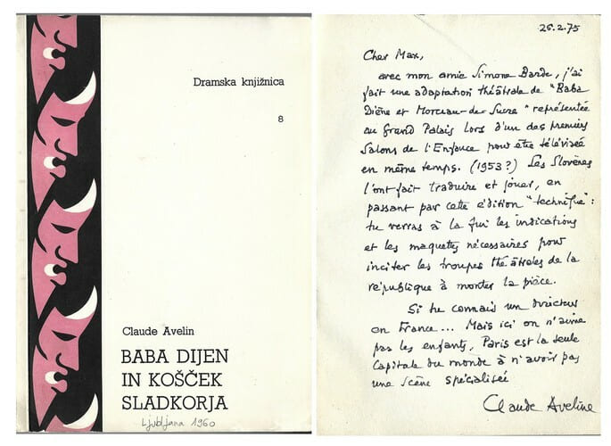 Baba Dijen in Kocek Sladkorja ( Baba Di&egrave;ne et Morceau-de-Sucre ). Superbe lettre autographe sign&eacute;e de Claude Aveline adress&eacute;e &agrave; Max-Philippe Delatte.. ...