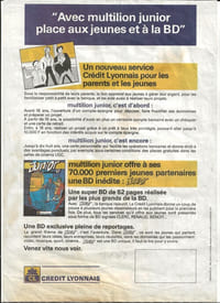 Magnifique affichette publicitaire illustrée par Serge Clerc, éditée par le Crédit Lyonnais, pour l'offre de lancement de la revue " Junior ".