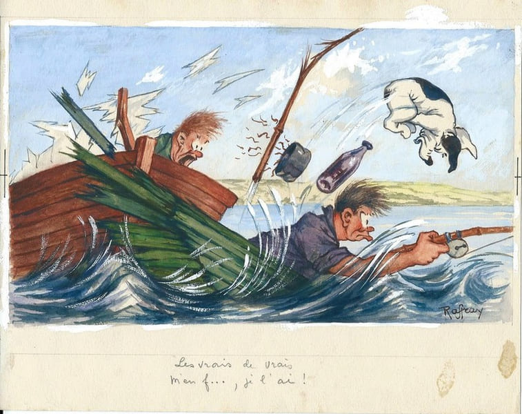 Gouache originale, sign&eacute;e et l&eacute;gend&eacute;e, r&eacute;alis&eacute;e par Maurice Raffray pour la Carte postale " Les Vrais de de vrais..." . ( P&ecirc;che - Humour - Dessins ...