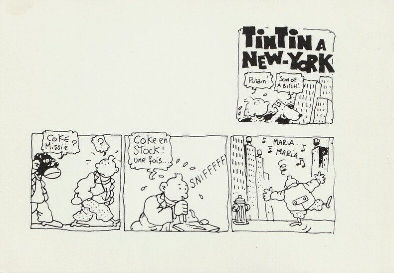 Carte postale parodique en hommage à Hergé, de Jacques Tardi, intitulée " Tintin à New-York ".. ( Bandes Dessinées Objets Para-BD - Georges Rémi dit ...
